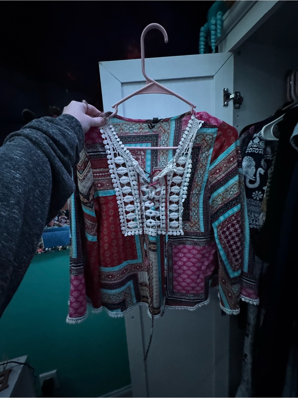 HeartSoul Patchwork Boho Lace-Up Tunic in Red & Teal
